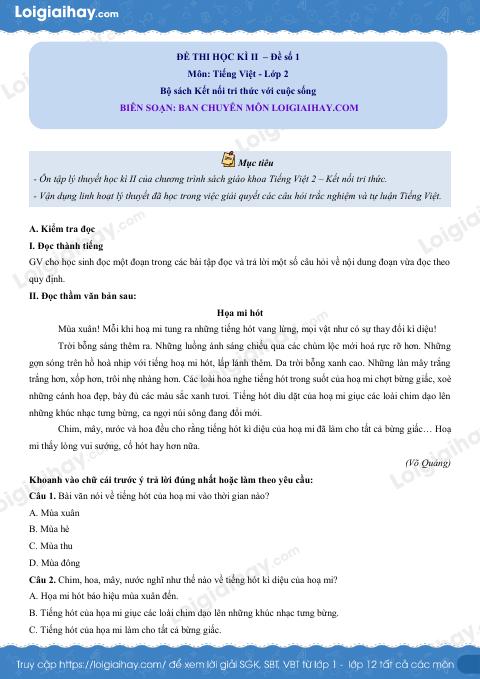 Đề thi học kì 2 Tiếng Việt 2 - Đề số 1